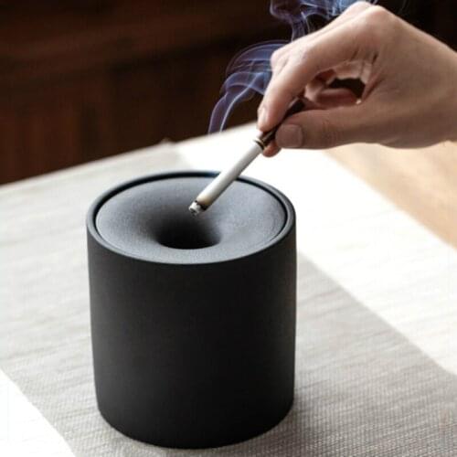 Coarse Pottery Windproof Ashtray with Lid for Tabletop Gift for Friends Hotel Outdoor Home Decoration Smokeless Ashtray Holder