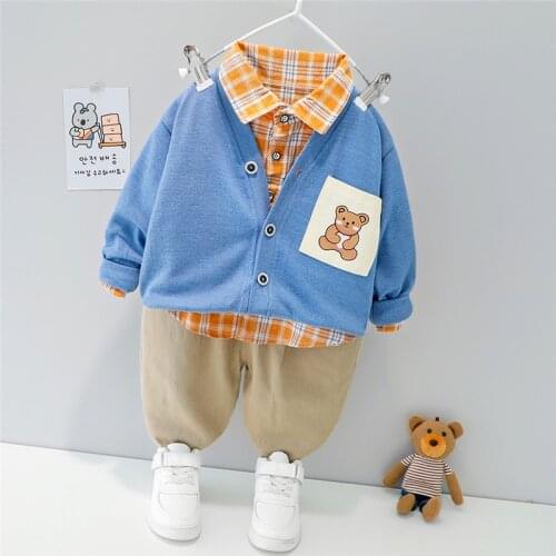 LISUNNY Baby Boys Clothing Sets 2021 Spring Toddler Infant Casual Clothes Bear Coats Plaid Shirt Pants Children Kids Clothes