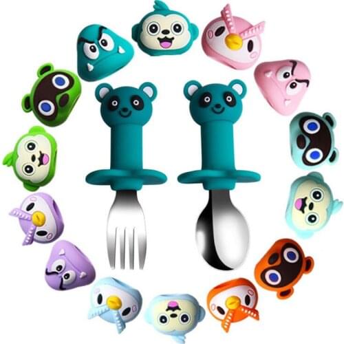 Baby Cartoon Animal Spoon Fork Tableware Training Spoon Heat-Resistant Silicone Round Handle Stainless Steel Spoon Head Utensils