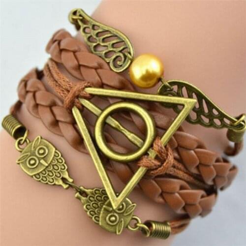 European And American Handmade Multilayer Leather Rope Tripod Owl Wings Halloween Simple Vintage Bracelet For Women Men