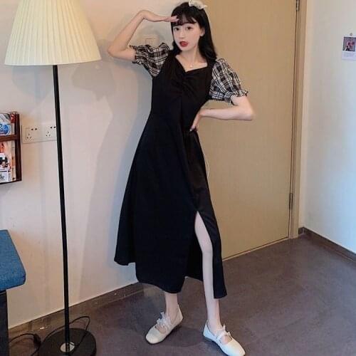 Dresses for Women 2021 Plaid Stitching Long Dress V-neck High Waist Puff Sleeve Dress Womens Summer Vestido De Mujer Femme Robe