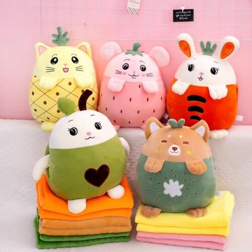 40cm Kawaii Fruit Animal Rabbit Mouse Cat Plush Pillow Lovely Bear Plush Pillow with Blanket Fruit Animal Sofa Back Cushion Gift