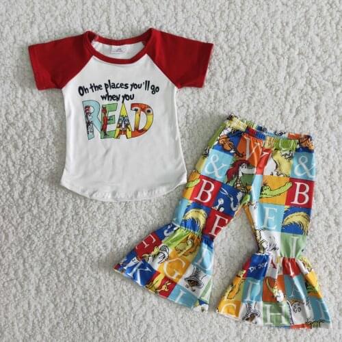 Flared pants trousers patterned red short sleeve raglan kids baby sets bell bottoms spring outfits America casual style read