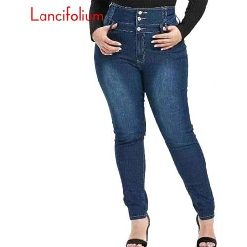 Plus Size Button Up Skinny Dark Blue Korean Jeans 4XL 5XL Women High Waist Stretch Summer 2021 Pencil Denim Pants Lady Trousers