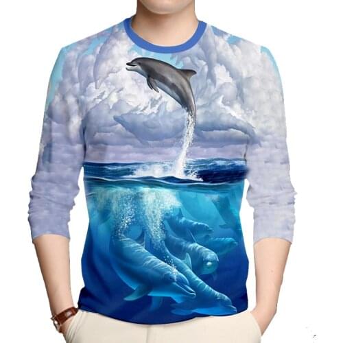 UJWI Dolphin Graphic Shirt Sea Fashion Casual Polo Long-shirt 3D Printed Long-Sleeve Top Male Oversized Blue Streetwear Dropship