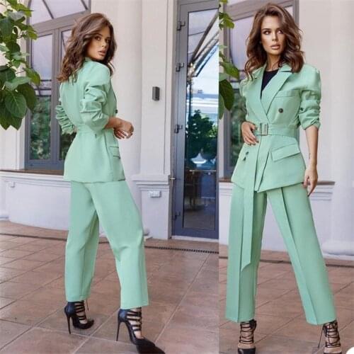 Light Green Pants Suits 2 Piece Women Suits With Belt Summer Suit Fashion Custom Made Blazer Suit For Women Set