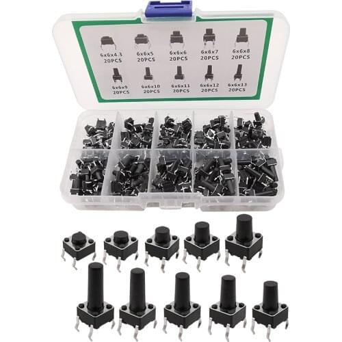 200Pcs 6x6 Tact Switch Tactile Push Button Switch Kit Height 4.3mm-13mm DIP 4P Micro Switch 10 Models 6*6 Switchs for Arduino
