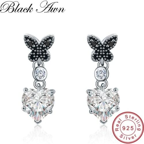 [BLACK AWN] Vintage 2.2g 925 Sterling Silver Earring Black Spinel Heart Engagement Dangle Earrings for Women Fine Jewelry T128