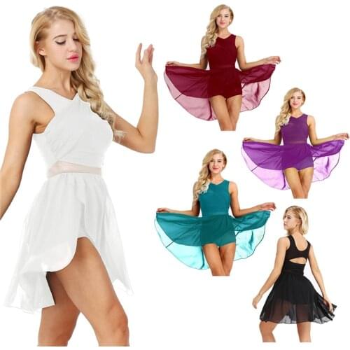 Women Sleeveless Cut Out Asymmetric Chiffon Ballet Dance Leotard Dress Adult Lyrical Modern Dance Practice Costumes