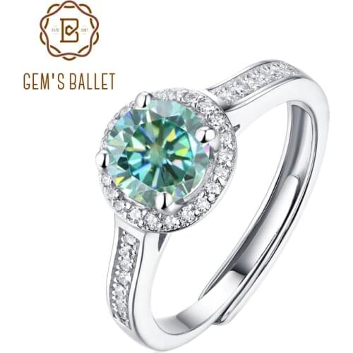 GEMS BALLET 925 Sterling Silver Adjustable Rings For Women 1.0Ct Round Halo Green Moissanite Engagement Ring with Milgrain