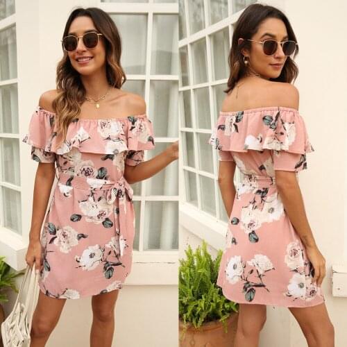 French retro 2021Spring and Summer new womens slim off-shoulder printed midi dress