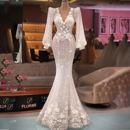 2021 Bling Bling Mermaid Evening Dresses Beading Crystal Sequins Long Sleeve Prom Dress V Neck Women Formal Robes De Soirée