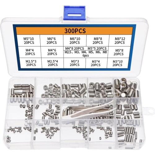 300pcs 304 Stainless Steel with 6 Wrenches and 1 Tweezers M2.5 M3 M4 M5 M6 M8 Hex Allen Head Socket Bolts Hex Grub Screws Set