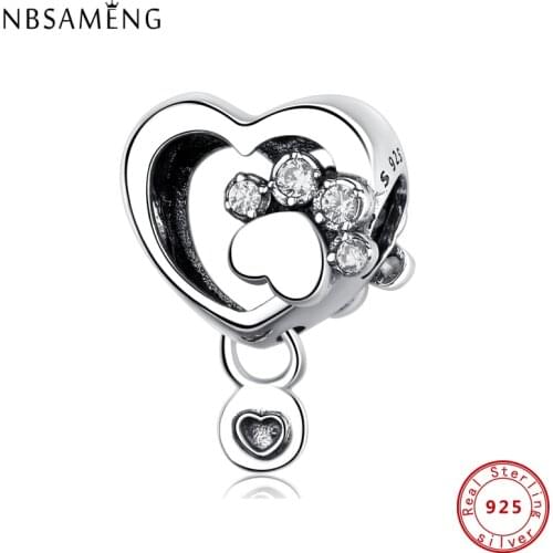Authentic 100% 925 Sterling Silver Charms Beads Sparkling Paw Print & Heart Charm Fit Pandora Original Bracelets DIY Jewelry