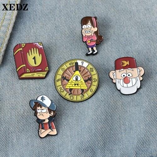 XEDZ Fashion Lapel Brooches Anime Girl Palm Magic Book Big Nose Old Man Golden Triangle Compass Custom Enamel Pins Jewelry Gifts