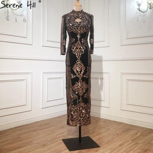 Formal Prom Dress Black High Collar Sequined Cocktail Dress Design Mermaid Sparkle Tea-Length Cocktail Dress Serene Hill QA8043