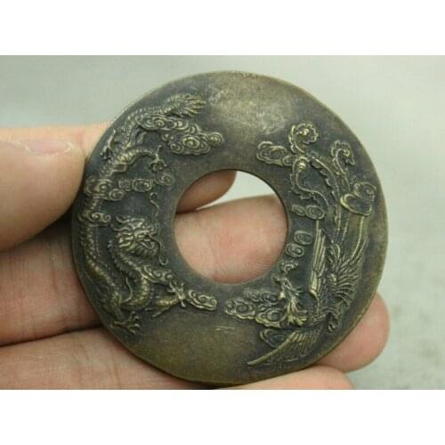 Ancient Chinese Dynasty Bronze Dragon Phoenix Wealth Amulet Pendant Copper Coin