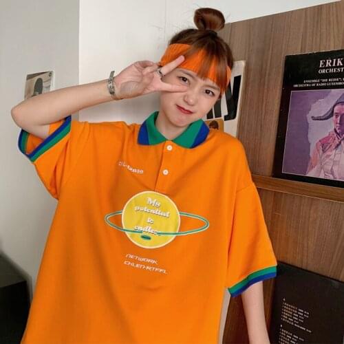 Anime Cartoon Planet Kawaii Polo T-Shirt Female College Couple Clothes Unisex Oversized Korean Harajuku Top Women Summer Dress