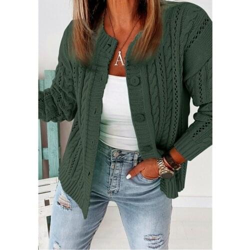 Top women sweater cardigans autumn new 2021 O neck single-breasted long-sleeve solid hollow twist casual knitted cardigan coats