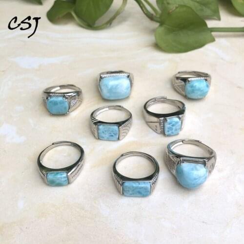 CSJ Natural Blue Larimar Rings Sterling 925 Silver Fne Jewelry Wedding Engagement Party for Man Women Lady Girl Gift box