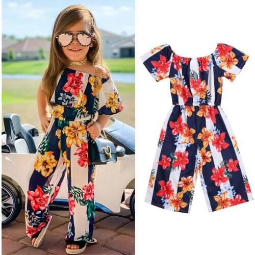 1-5 Years Kids Girls Fashion Off Shoulder Floral Print Jumpsuit Stylish Striped Rompers For Children Girl Summer Casual Playsuit