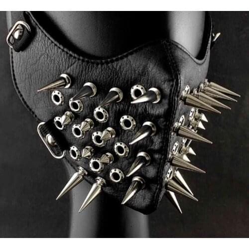 Cool Mens women Long Spike Studded Steampunk Leather Mask Biker Rock and row long spikes Performance cosplay party mask