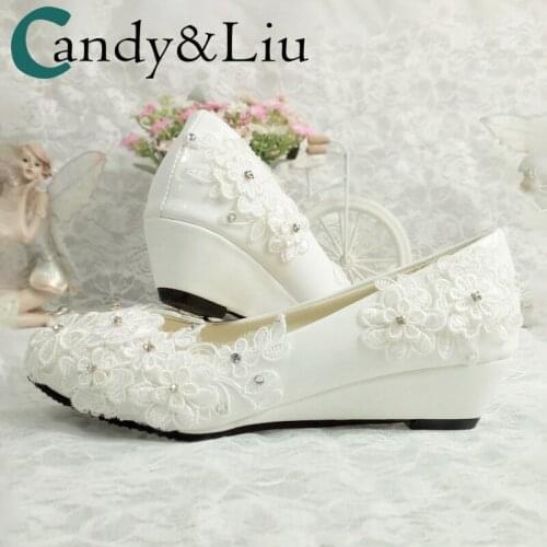 Lace Flower Diamond Wedding Shoes Sexy handmade low heel slope bride wedding dress photo taking crystal work performance