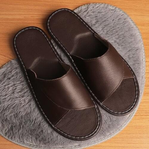 Couples Summer Indoor Slippers Genuine Leather Womens Casual Home Slippers Anti-Slip Soft Household Shoes for Men