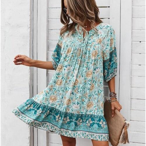 Fashion Women Dress Loose Autumn Half Sleeve Mini Dresses Floral Print Boho Party Dresses Elegant Plus Size Female Dress Woman