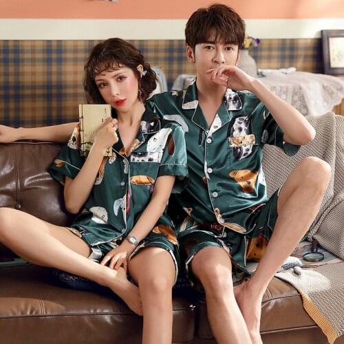 Pijamas Silk Pijama Man Sleepwear Couple Ropa Pareja Spring and Summer Cartoon Silk Couple Thin Suit Pyjama En Satin Femme 2021