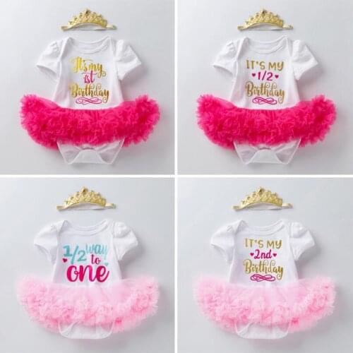 Half Birthday Baby Girl Dress Ruffle TUTU Dress Baby Clothing Vestidos Glittle One Girl Princess Birthday Dress Crown Headband