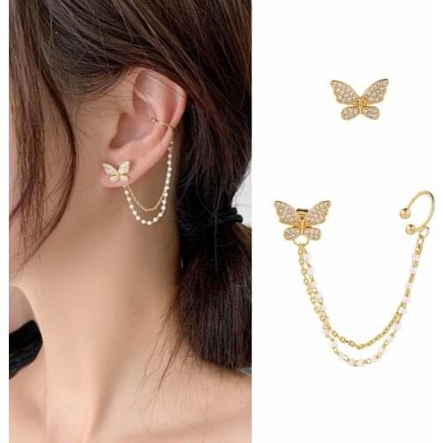Simple Stud Earrings Chain Female Compact Rhinestone Temperament Asymmetric Butterfly One-piece Earring for Women Girls