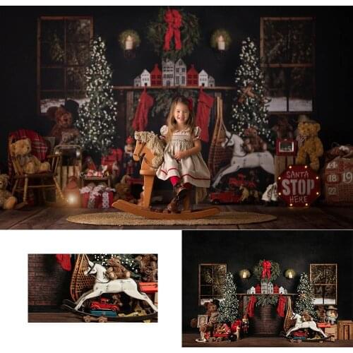 Christmas Photography Background Fireplace Trees Backdrop Gifts Toy Bear Wreath Winter Birthday PartyBackground Prop