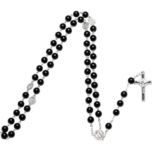 Handmade Round Glass Bead Catholic Rosary Necklace Cross Religious Pendants Long Chain Fashion Jewelry