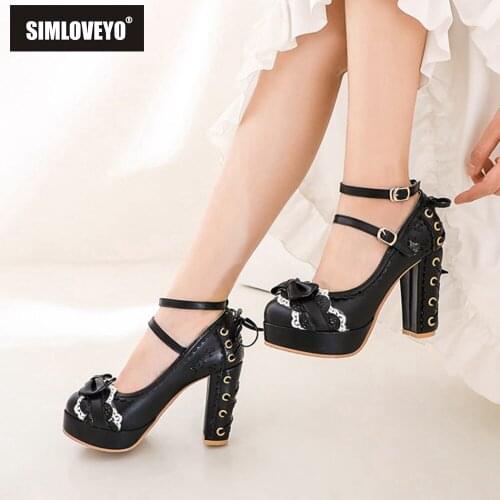 SIMLOVEYO Summer 2020 Ladies 2.5 Platform Cute Bow Lace Princess Mary Jane Lolita Shoes Party 10cm High Heel Buckle Big size 43