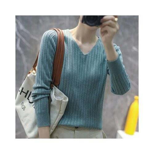 Sweater pullovers Women chic casual Autumn Winter Basic v-neck Solid Knit Slim Pullover female Long Sleeve warm Khaki Sweate
