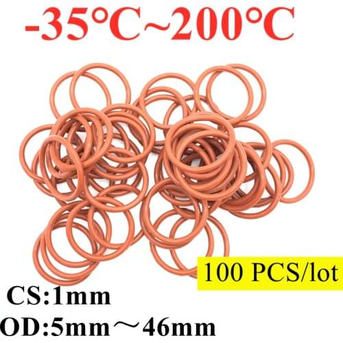 100pcs VMQ O Ring Seal Gasket Thickness CS 1mm OD 5 ~ 46mm Silicone Rubber Insulated Waterproof Washer Round Shape Nontoxi Red