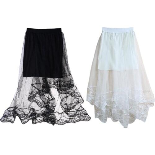 Women High Waist Scalloped Lace Trim Midi Long Skirt Lined Solid Color Irregular Hem Pleated Double Layer Sheer Mesh Party