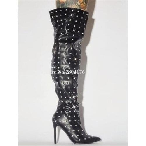 Women Bling Bling Pointed Toe Over Knee Stiletto Heel Rhinestone Boots Black Leather Charming Beading Long High Heel Boots