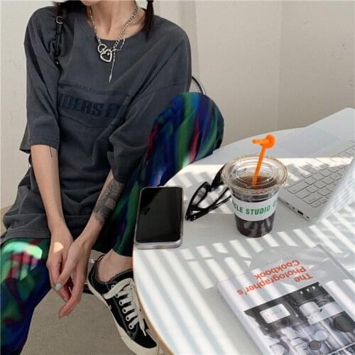 Female Korean Harajuku Lazy Letters Loose Print T-shirt Womens T-shirts Tops Japanese Kawaii Ladies Ulzzang Clothes For Women