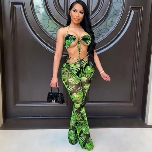 Mesh Sheer Leaves Printed 2 Piece Club Outfit for Women Halter Tied Up Bra Top and Flare Bell Bottom Trouser Holidat Tracksuit