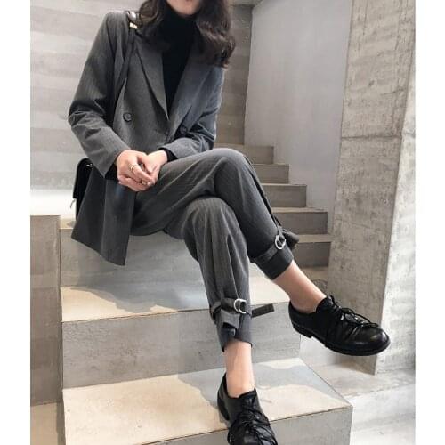 Runway Niche Striped Two Piece Suit Blazer and Pants Suit Office Lady Vintage 2019 Autumn Business 2 Piece Sets High Quality