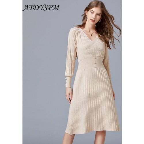 Women Knitted Dress Autumn Solid Long Sleeve V-Neck Slim Waist Elegant A-Line Midi Sweater Dress Female Casual Winter Clothing