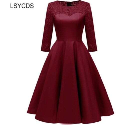2020 Red Dress for Women 3/4 Sleeve O Neck Knee-Lenth Lace Autumn Dress Robe Gown Retro Casual Party 50s Vintage Big Swing Dress