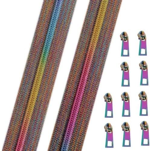 10 Yards #5 Rainbow Teeth Nylon Coil Long Zippers Colorful Tape with 10PCS Metallic Sliders for DIY Sewing Tailor Craft Bags