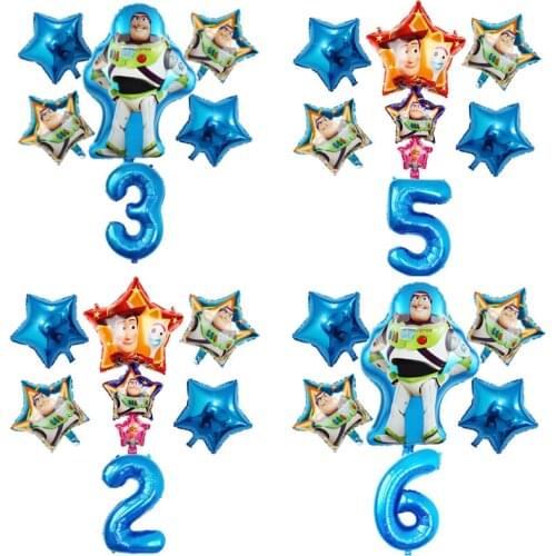 6PCS Toy Story Cartoon Foil Helium 32 Inch Number Blue Balloons Toy Happy Birthday Balloon Set Buzz Lightyear Theme Party Decor