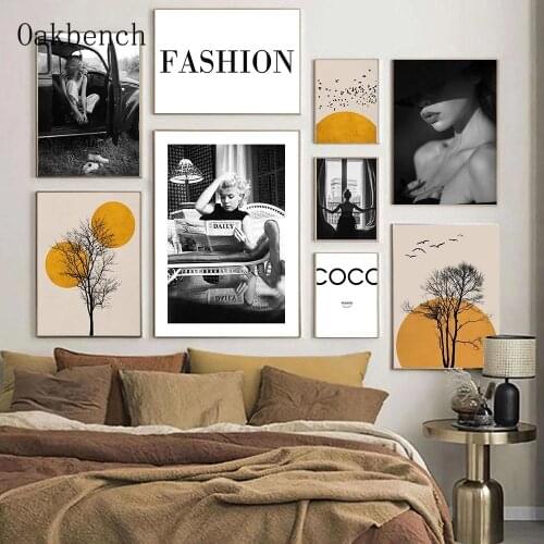 Black And White Retro Woman Wall Art Canvas Painting Abstract Sun Poster Prints Fashion Wall Pictures For Living Room Decor