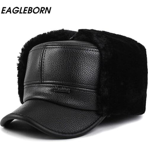 EAGLEBORN 2020 Winter Bomber Hats for Men Winter PU Leather Flat Dad Hat Hats Warm with Ears Flaps Russian Cap