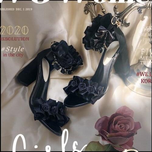 Lolita dark black elegant womens sandals summer high heel sweet lolita shoes kawaii girl round head gothic shallow mouth