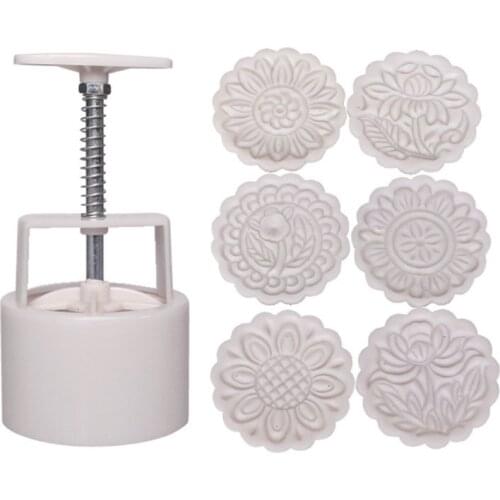 150g Mooncake Barrel Mold with 6pcs Flower Stamps Hand Press Moon Cake Pastry Mould DIY Bakeware